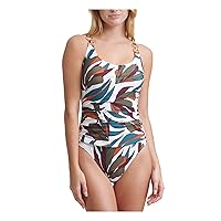 DKNY Women's White Printed Stretch Removable Cups Full Coverage Ring Scoop Neck One Piece Swimsuit 4