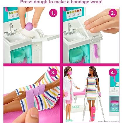 Barbie Fast Cast Clinic Doll & Playset, Brunette Doctor Doll, Furniture & 30+ Accessories Including Molds & Dough for Bandages