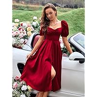 Dresses for Women - Ruched Fake Button Puff Sleeve Sweetheart Neck Split Thigh Satin Dress (Color : Burgundy, Size : X-Small)