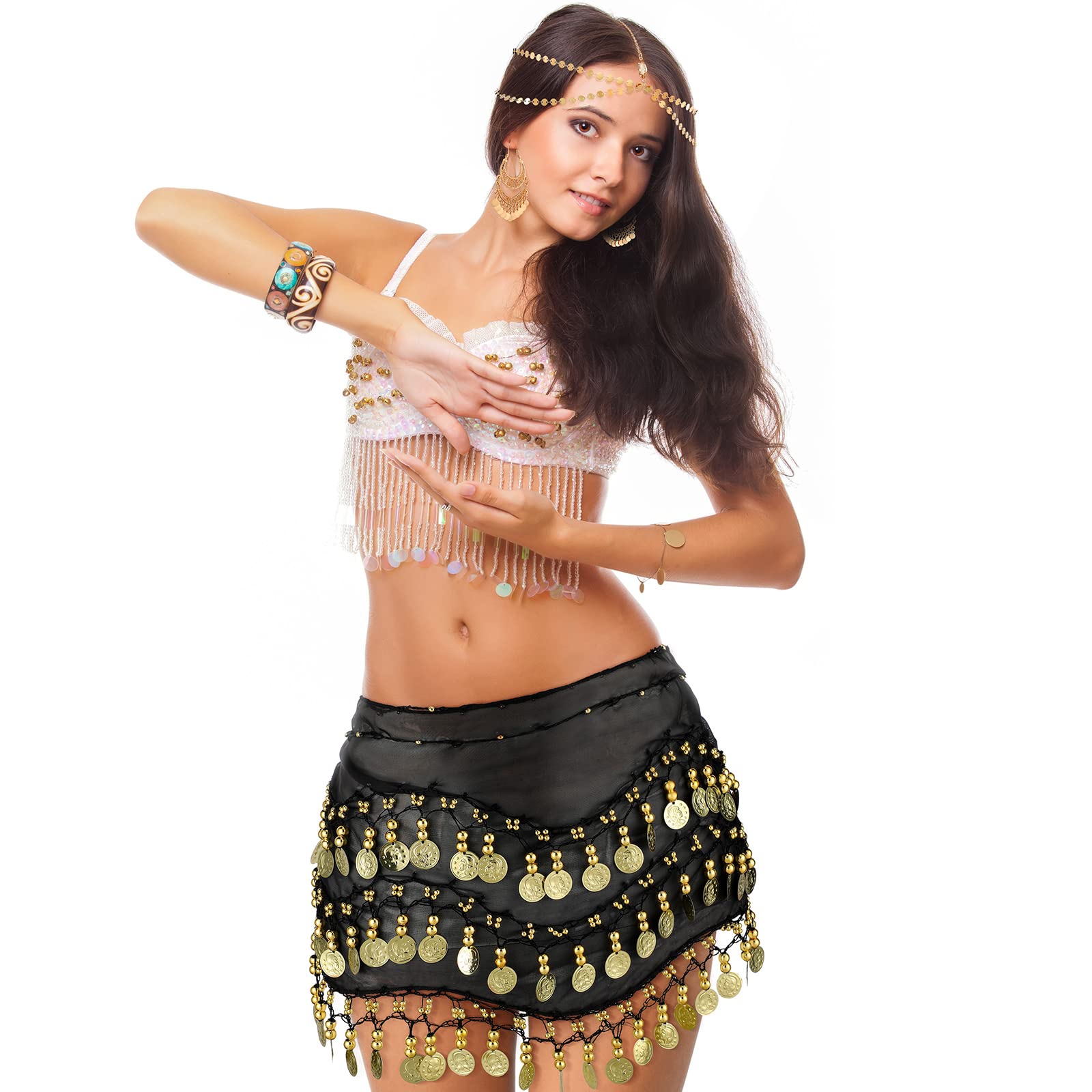 Sureio 4 Pcs Gypsy Costume Accessories Belly Dance Accessories Hip Scarf Wrap Belt Drop Earrings Hair Chain Tassel Bracelet