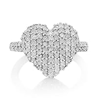 0.77 Cttw Natural White Round Cut Diamond Sterling Silver Dome Heart Promise Ring Pave Set Size 7