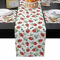 Strawberry Table Runner with Placemats Set of 4, Cotton Linen Kitchen Dining Mats Long Table Cover 13x90 Red Summer Watercolor Fruits Flowers White Table Mats Set for Living Room/Dresser/Dining