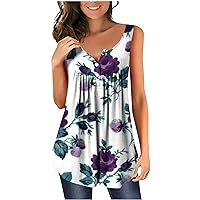 Women Rose Flower Sleeveless Button Flowy Tunic T-Shirts Summer Hide Belly Fashion Casual Loose Henley Tank Tops