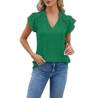 Summer Outfits for Women, Ladies Casual Solid Color V Neck Pleated Flutter Sleeve Tops Trendy 2024 Shirt, S, XXL