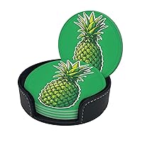 (a Pineapple) Print Leather Coasters Set of 6 for Drinks with Holder Absorbent Round Cup Mat Pad for Living Room Dining Table Kitchen Home Decor Housewarming Gift