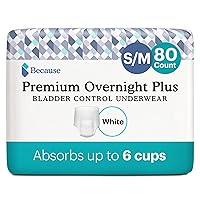 Because Premium Overnight Plus Pull Up Underwear - Absorbs 6 Cups, Soft & Leak-Proof, White, Small-Medium - 80 Count (4 Packs of 20)
