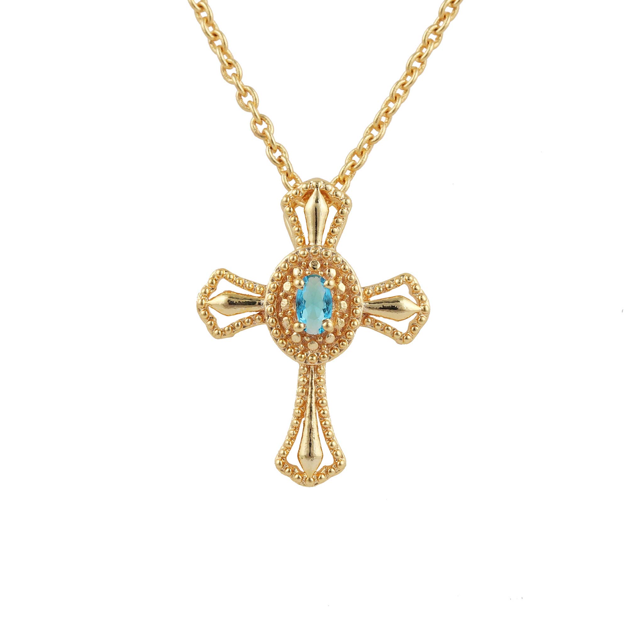 El Joyero Blue Topaz Hydro Handmade Gold Plated Brass Chain Pendant Cross Necklace Jewelry