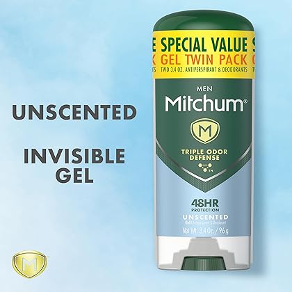 Mitchum Men's Deodorant, Antiperspirant, Triple Odor Defense Gel Stick, 48 Hr Protection, Dermatologist Tested, Alcohol Free, Unscented, 3.4 Oz (Pack of 2)