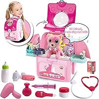 Pet Cat Carrier Backpack Toy, MAGIC4U 23PCS Pet Care Playset,Vet Clinic and Doctor Kit for Kids, Pet Veterinarian Medical Role Play Set for Boys and Girls Ages 3-6 Pink