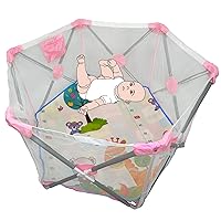 HTTMT- Hexagon Safety Playpen Portable Foldable Mesh Playard Infants Baby Toodler Animals Fence w/Travel Bag Nursery Furniture For Indoor Outdoor - Dark Pink