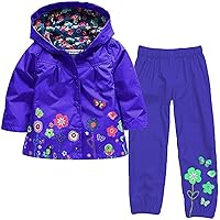 2 Pcs Little Kids Girls Waterproof Lightweight Floral Windbreaker Outwear Raincoat Hoodies with Pants