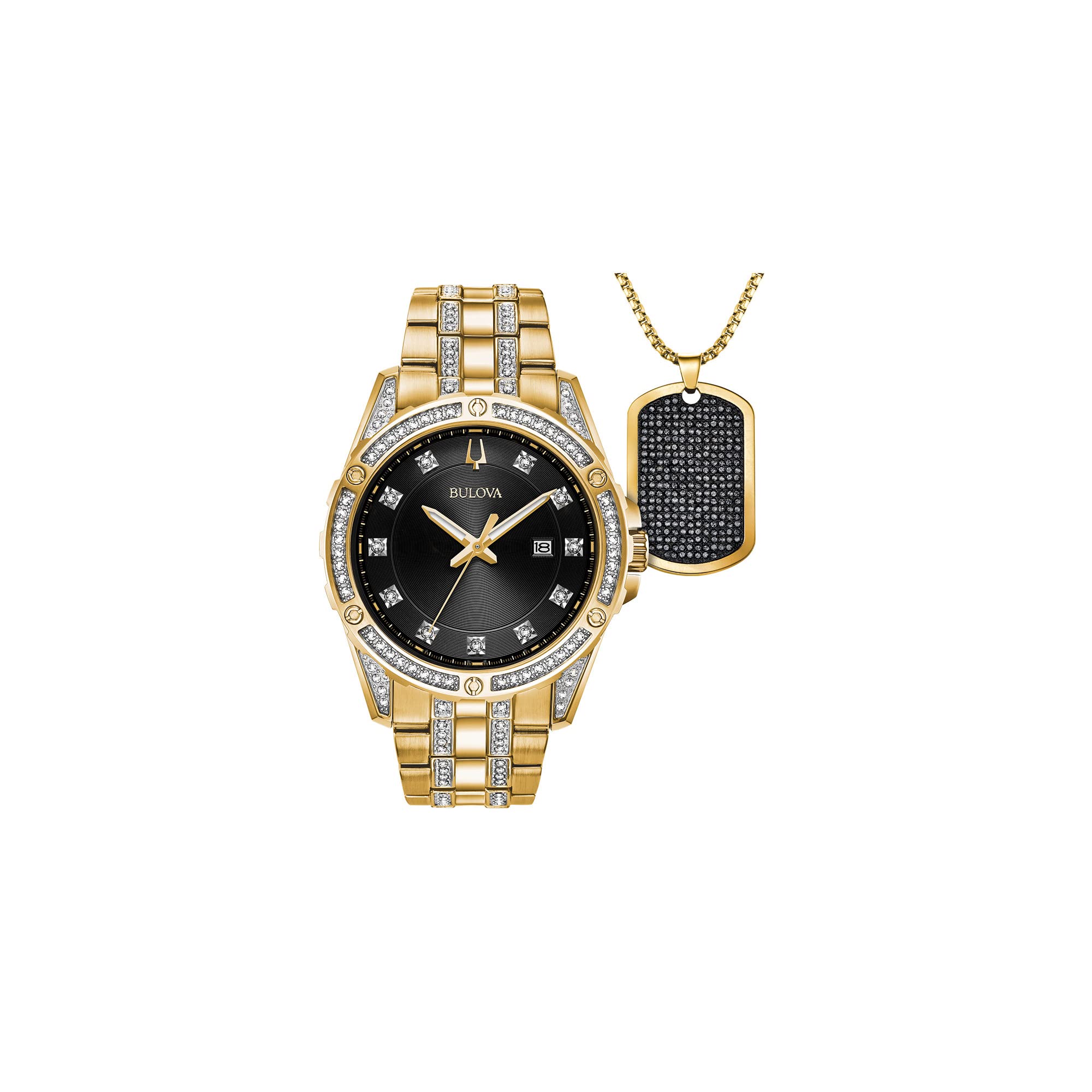 Bulova Men's Crystal Accented Gift Set with 3-Hand Date Quartz Watch and Dog Tag Box Chain Necklace