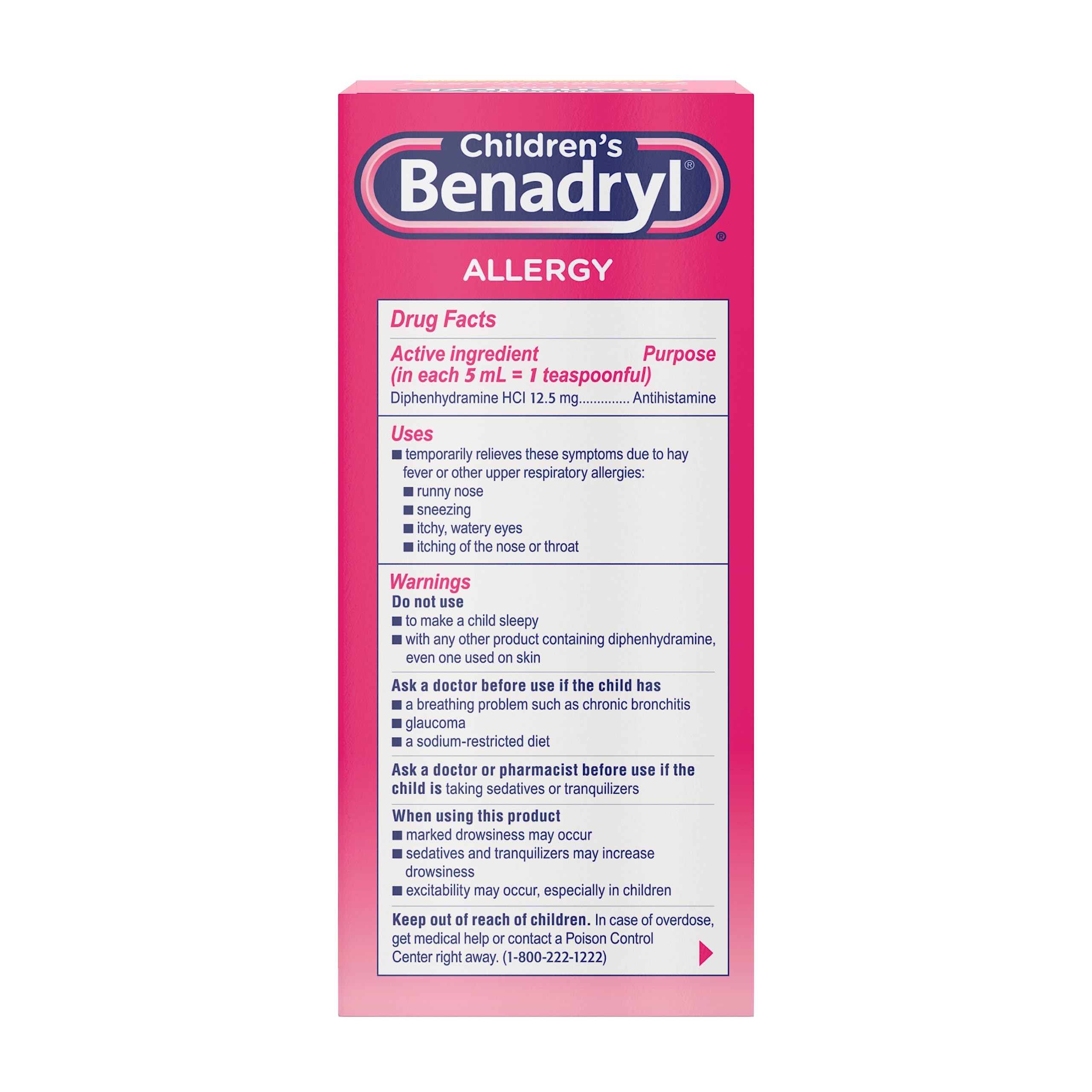 Benadryl Children's Allergy Relief Liquid Medicine with Diphenhydramine HCl Antihistamine for Kids' Allergy Relief, Effective Allergy Relief, Cherry Flavor, 8 fl. oz