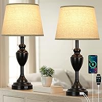 24in Tall Table Lamps with 2 USB Charging Ports, Farmhouse Rustic Bedside Nightstand Lamps for Bedrooms Set of 2, End Table Lamps Black for Living Room Office Dorm Reading