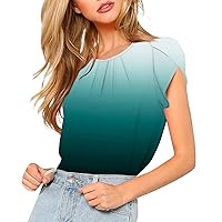 Summer Casual Tops for Women Round Neck Petal Cap Sleeve Pleated Blouse Curved Keyhole Back Basic Shirts