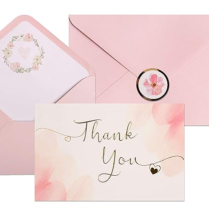 VNS Creations 40 Blush Thank You Cards | Watercolor Pink and Gold Foil Thank You Notes Perfect for Girl’s Baby Shower, Wedding & Bridal Showers | Blush Envelopes & Floral Foil Stickers Included.