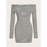 Dresses for Women - Striped Print Off Shoulder Bodycon Dress (Color : Black and White, Size : Small)