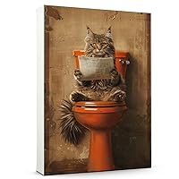Funny Bathroom Wall Art, Cute Cat Sitting on The Toilet Reading a Newspaper Bathroom Pictures Wall Decor for Home Framed (Australian Mist Cat)