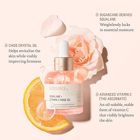 Squalane and Vitamin C Rose Oil. Facial Oil to Visibly Brighten, Hydrate, Firm and Reveal Radiant Skin 1.0 ounces