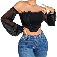 Women's Mesh See Through Patchwork Corset Sexy Off Shoulder Long Sleeve Fishbone Wrap Bustier Fashion Tank Camisole