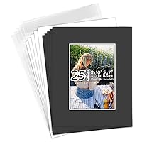 Golden State Art, Acid-Free Pre-Cut 8x10 Black Picture Mat Sets, Pack of 25, White Core Bevel Cut Mats for 5x7 Photos, 25 Backing Boards and 25 Crystal Clear Plastic Sleeves Bags