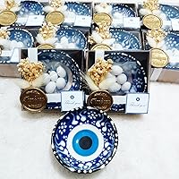 12 PCS Wedding Favors for Guests Bulk, Bridal Shower Guest Favors, Baby Shower Party Favors, Evil Eye Ceramic Bowls with White Ribbon, Flowers, Thank You Tag, 5 Candy in Box