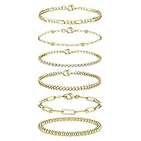 CASSIECA 5/6Pcs Bracelets for Womens Gold Silver Bracelets Set for Women Girls Chain Bracelets Adjustable Link Charm Bracelets Stacking with Jewellery Box (Gold- 6Pcs-3, 16K Gold), YJOU-04CC-160C