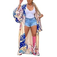 Floral Kimonos for Women Casual Open Front Stain Long Kimono Robes Cardigan Cover Up Plus Size