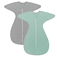 ZIGJOY Shark-Fin Transition Swaddle - 0.5 Tog Baby Transition Sleep Sack and 1.0 Tog Cotton Transitional Swaddle with 2-Way Zipper for Self-Soothing, Green and Grey, 6-9 Months