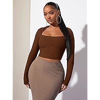 Women's Tops Shirts Sexy Tops for Women Square Neck Crop Tee Shirts for Women (Color : Coffee Brown, Size : Large)