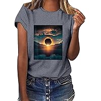 Womens Summer Tops 2024 T-Shirt Solar Print Round Neck Short Sleeve T Shirt Top Casual Tops for Women Trendy