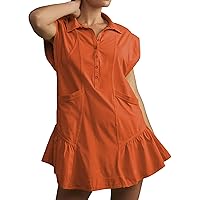 Women's Button Down Shirt Dress Short Sleeve Patchwork Mini Dress with Pockets