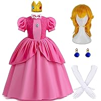 Princess Peach Costume Dress Girls Kids with Crown Wig Gloves and Earrings Super Brother Cosplay Halloween Costumes