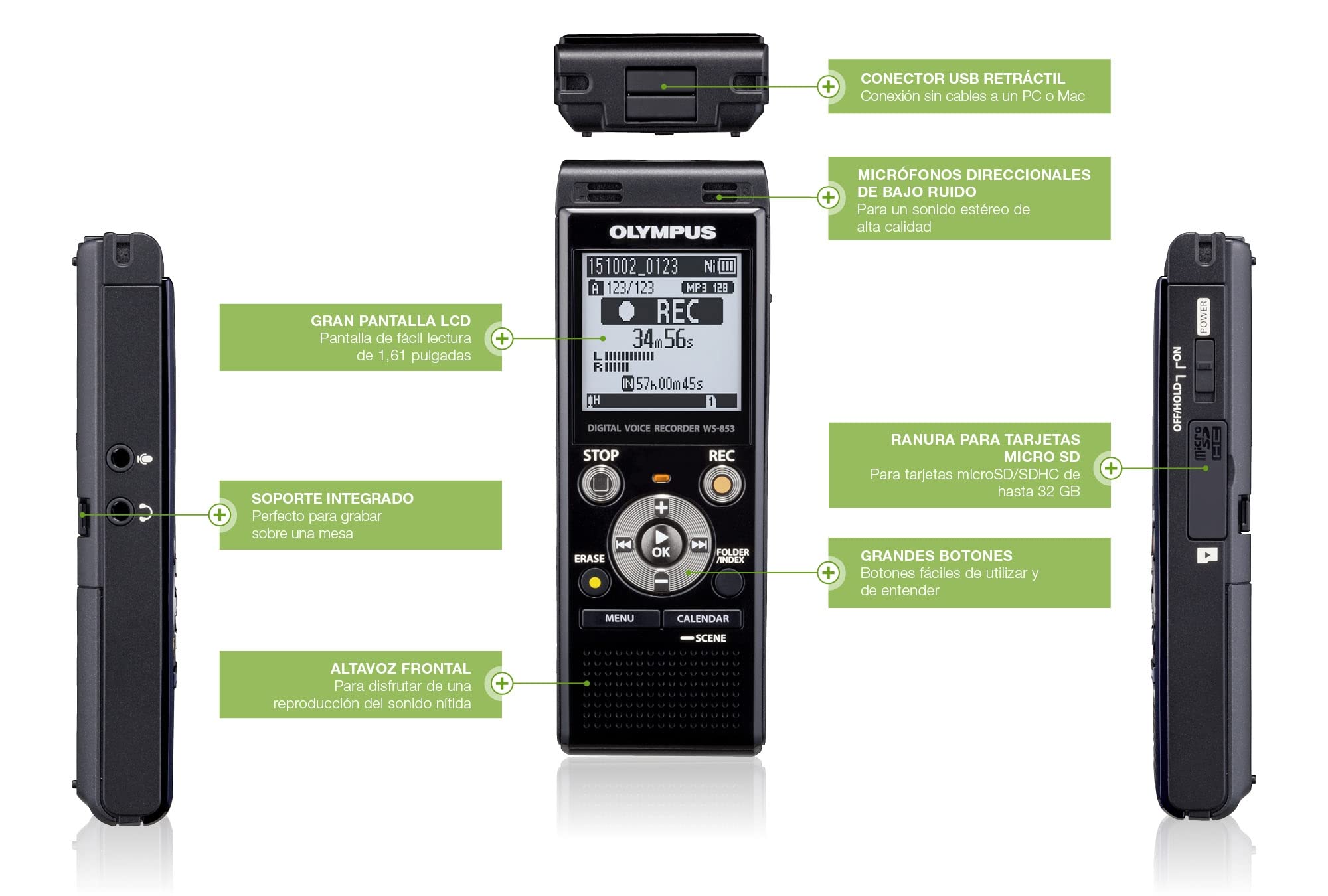 Olympus OM System WS-883 Digital Voice Recorder, Linear PCM/MP3 Recording Formats, USB Direct, 8gb Playback Speed and Volume Adjust, File Index, Erase Selected Files