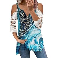 YZHM Women's Cold Shoulder Shirts 3/4 Lace Sleeve Trendy Tops Loose Fit Tunic Tops Marble Print Tshirts Zip V Neck Blouses
