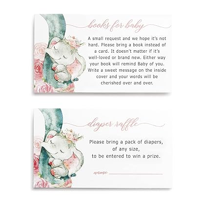 25 Boxed Pink Elephant Jungle Baby Shower Invitations and Envelopes (Large Size 5X7 INCHES), 25 Diaper Raffle Tickets, 25 Baby Shower Book Request Cards, Floral Elephant Animal Invites for Girl Baby Showers