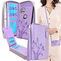 Lacass Crossbody Chain Dual Zipper Detachable Magnetic Leather Wallet Case Cover Card Slot Money Pocket Compatible with for Motorola Moto One 5G Ace 2021(Floral Light Purple)