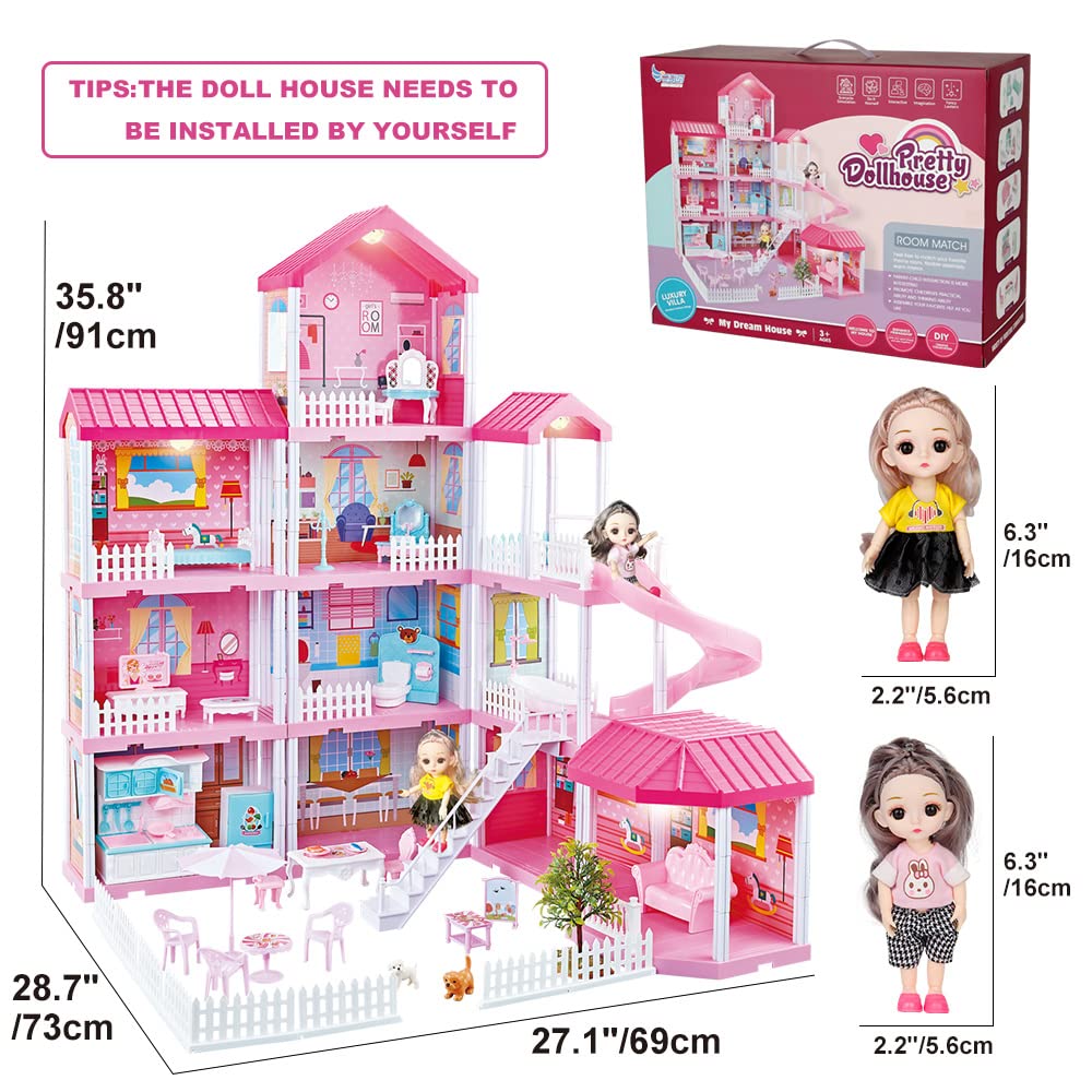 Doll House Kit,Dollhouse with Lights, Slide, Pets and Dolls, DIY Pretend Play Building Playset Toys with Asseccories and Furniture, Princess House for Toddlers, Kids Boy & Girl (11 Rooms)