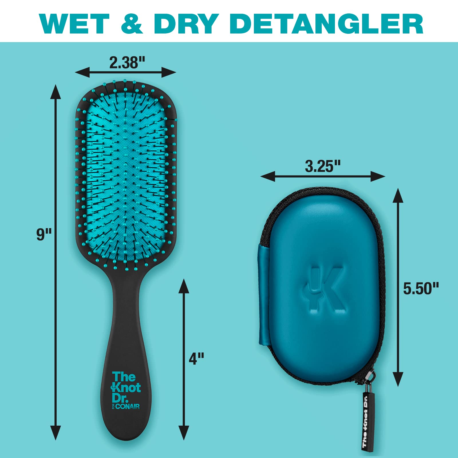 The Knot Dr. for Conair Hair Brush, Wet and Dry Detangler with Storage Case, Removes Knots and Tangles, For All Hair Types, Blue