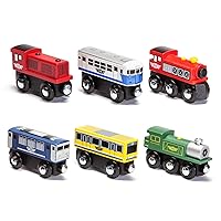 Wooden Train Engines and Cars, Rolling Locomotive Engines with Magnetic Links for Pulling Wooden Rail Cars, Compatible with Major Brand Wooden Railway, 6 Pcs Set