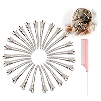 Hair Clips for Rollers,Pin Curl Clip,Metal Duck Billed Hair Clips for Women Styling,24pcs(3.5Inch) Silver larger Aligator Curl Loc Clips, Salon,Bows DIY,1pcs Rat Tail Combs,Dgeclr