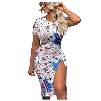 American Flag Dress for Women 4th of July Flag Dress Independence Day Dress Tight Hip Short Sleeve Midi Dresses