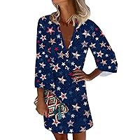 American Flag Dresses for Women 4th of July Casual V Neck Casual 3/4 Sleeve Button Dress