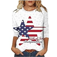 Lightning Deals of Today 4th of July Cotton Shirt for Women 2024 American Flag Stripes Graphic 3/4 Sleeve Tops Independence Day Patriotic Crewneck Blouse Summer Tunic Tshirt Red and Blue T Shirts
