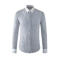 通用 Men's Shirts Blue and White Striped Colorblock Shirts Leader Mouth Embroidery Slim Fit Long Sleeve Men's Shirts