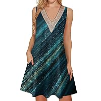 Summer Dresses for Women 2024 Trendy Lace V Neck Sleeveless Dressy Casual Sundress with Pocket Tank Dress Today Deals Prime(1-Dark Green,X-Small)