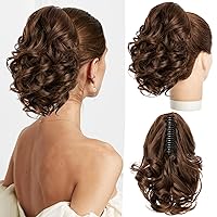 Ponytail Extensions,10 inch Short Claw Clip on Ponytail Extensions Light Chocolate Brown Synthetic Curly Wavy Pony Tails Hairpieces for Women Daily