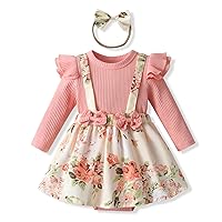 KuKitty Newborn Infant Baby Girl Clothes Ribbed Long-sleeve Faux-two Floral Print Romper Jumpsuit Dress with Headband