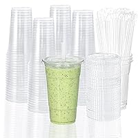 TashiBox 100 sets 24 oz plastic cups with flat lids and straws, smoothie cups with lids and straws, meal prep plastic large cups