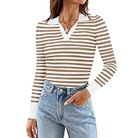 MEROKEETY Womens 2024 Long Sleeve Striped T Shirts Polo V Neck Fitted Ribbed Knit Casual Tee Tops